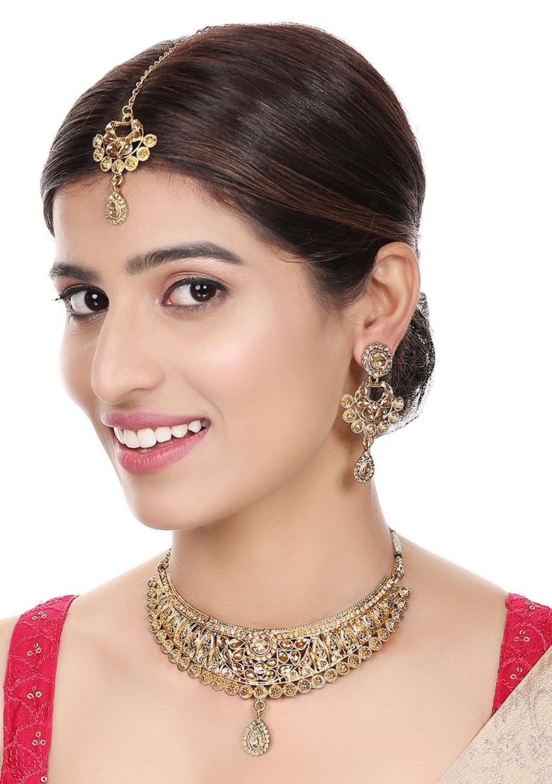 Designer Gold Plated Traditional Matte Finish Necklace With Earring Maangtika