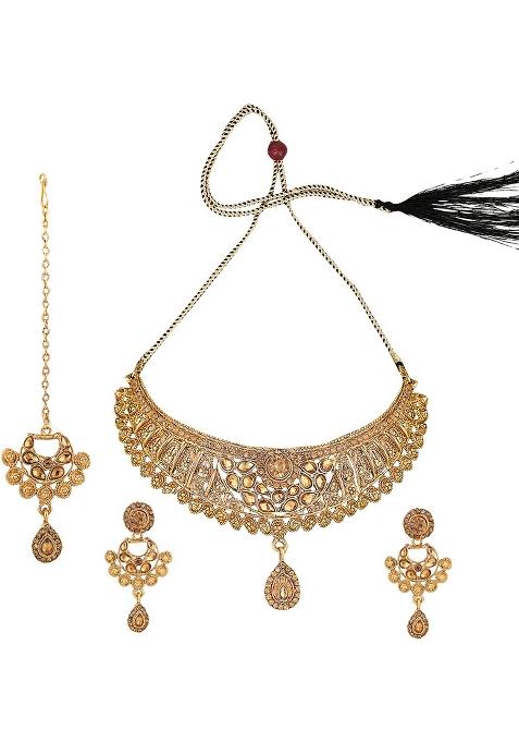 Designer Gold Plated Traditional Matte Finish Necklace With Earring Maangtika