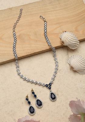Luxury Ad And Cz Studded Silver Plated Blue Jewellery Set