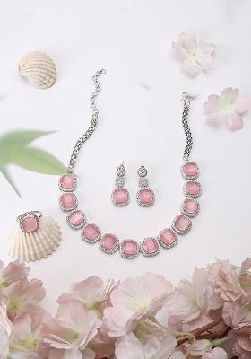 Elegant Silver Plated Ad And Cz Studded Pastel Pink Jewellery Set.