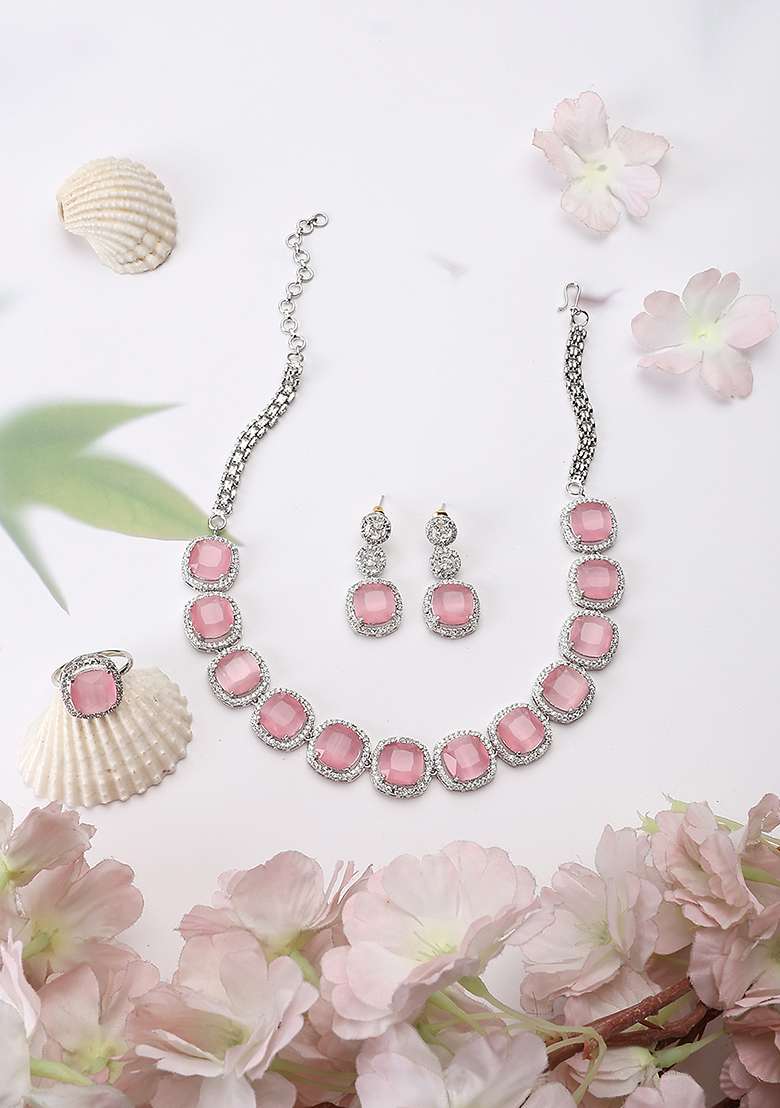 Elegant Silver Plated Ad And Cz Studded Pastel Pink Jewellery Set. - Indya