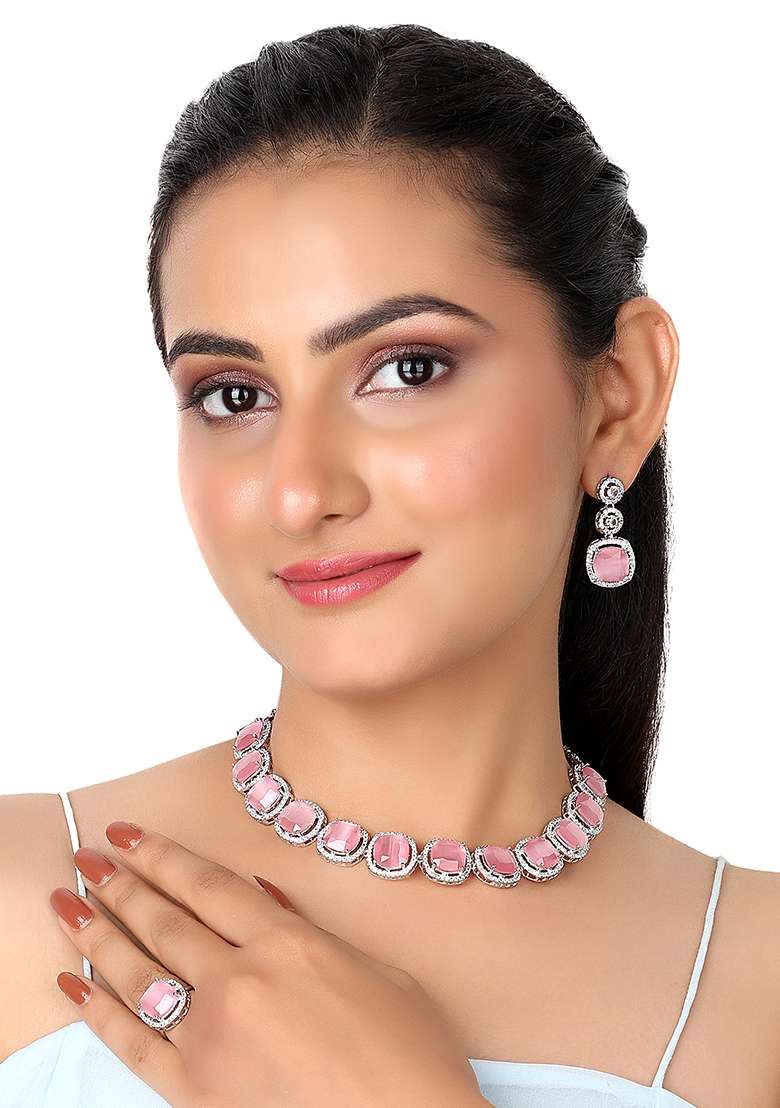 Elegant Silver Plated Ad And Cz Studded Pastel Pink Jewellery Set. - Indya
