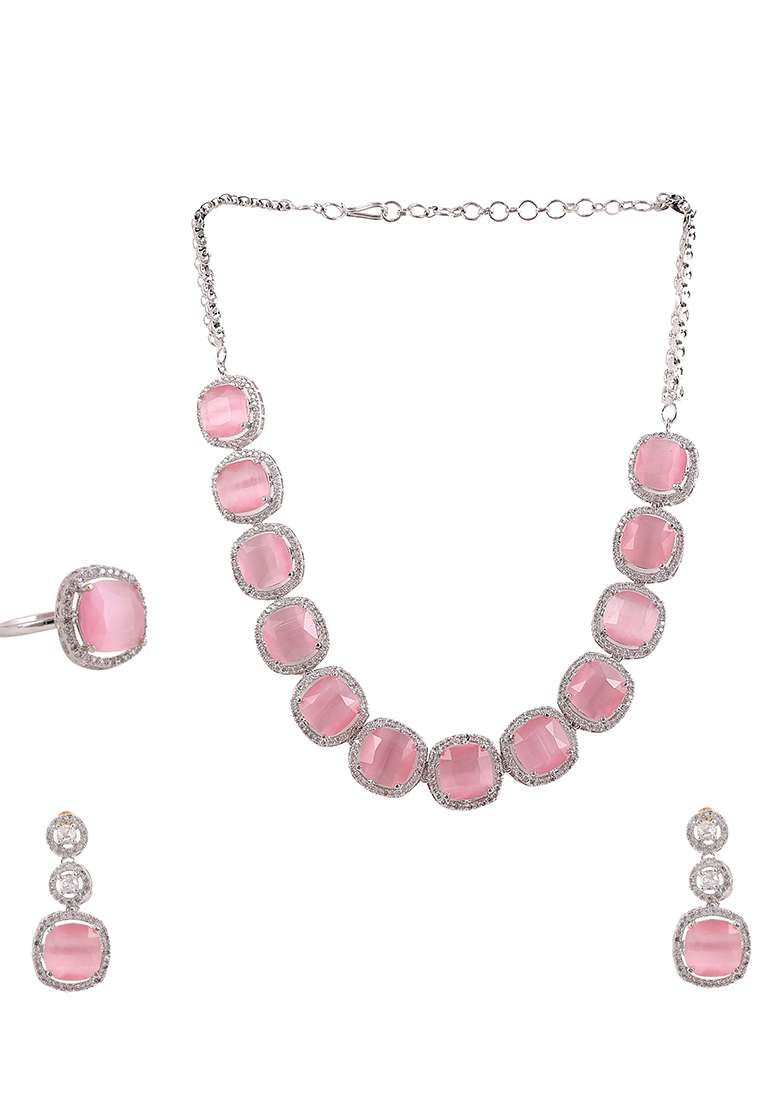 Elegant Silver Plated Ad And Cz Studded Pastel Pink Jewellery Set. - Indya