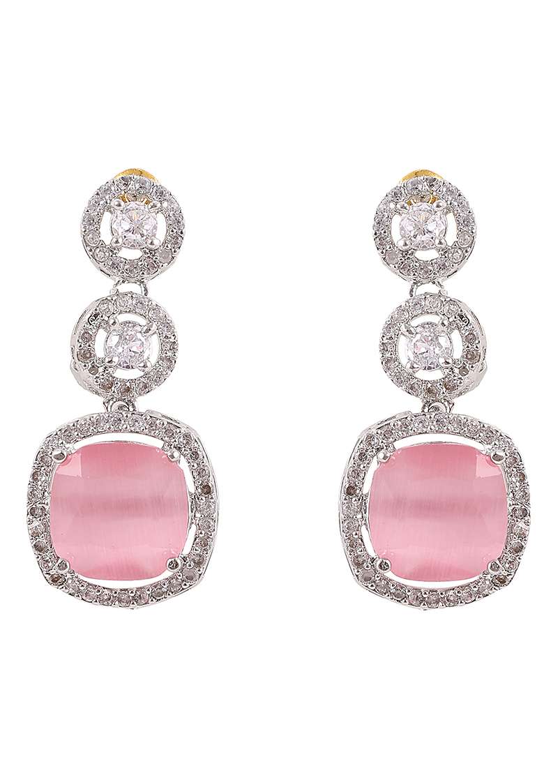 Elegant Silver Plated Ad And Cz Studded Pastel Pink Jewellery Set. - Indya