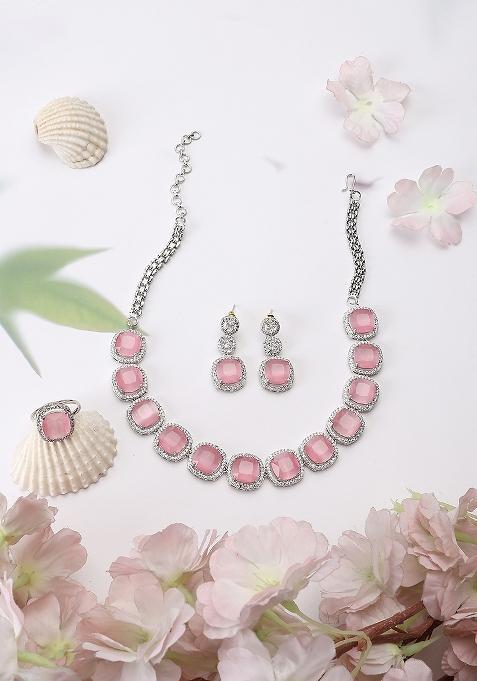 Elegant Silver Plated Ad And Cz Studded Pastel Pink Jewellery Set.