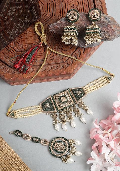 Stylish Choker Style Tasselled Green Stone And Pearl Set For Women And Girls
