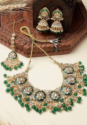 Green Meenakari Dazzling Stones Beads Bridal Choker Necklace Earring And Maangtikka Set For Women