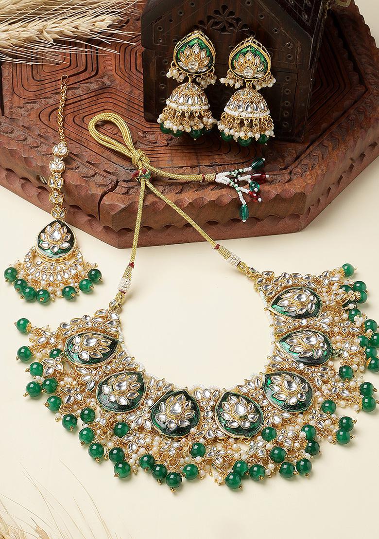 Green Meenakari Dazzling Stones Beads Bridal Choker Necklace Earring And Maangtikka Set For Women