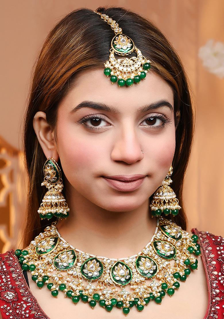 Green Meenakari Dazzling Stones Beads Bridal Choker Necklace Earring And Maangtikka Set For Women