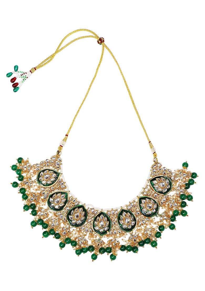 Green Meenakari Dazzling Stones Beads Bridal Choker Necklace Earring And Maangtikka Set For Women