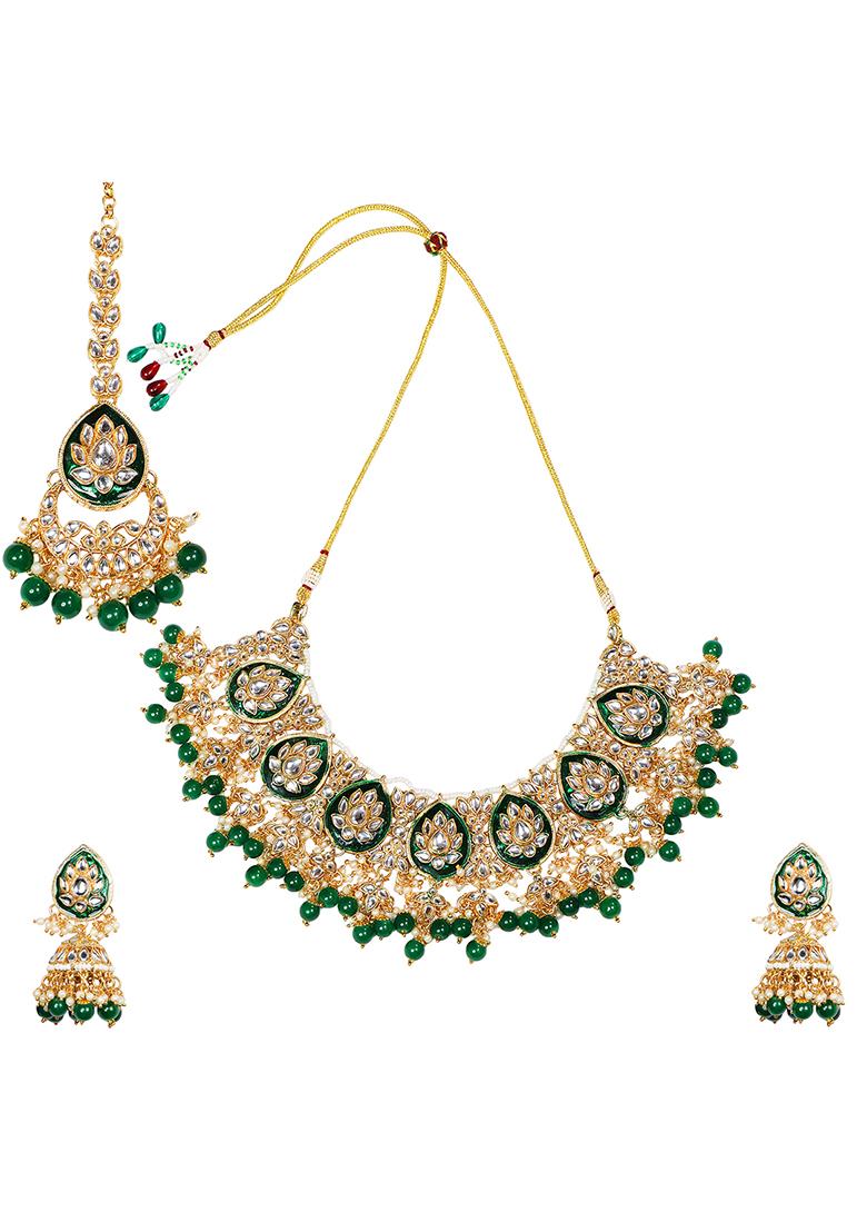 Green Meenakari Dazzling Stones Beads Bridal Choker Necklace Earring And Maangtikka Set For Women