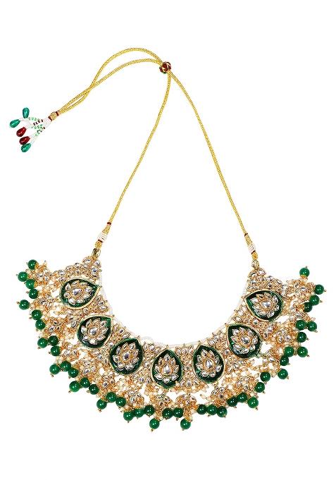 Green Meenakari Dazzling Stones Beads Bridal Choker Necklace Earring And Maangtikka Set For Women