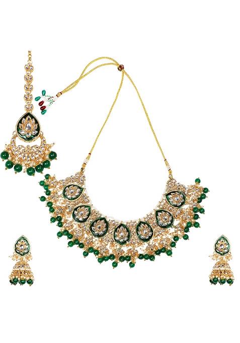 Green Meenakari Dazzling Stones Beads Bridal Choker Necklace Earring And Maangtikka Set For Women