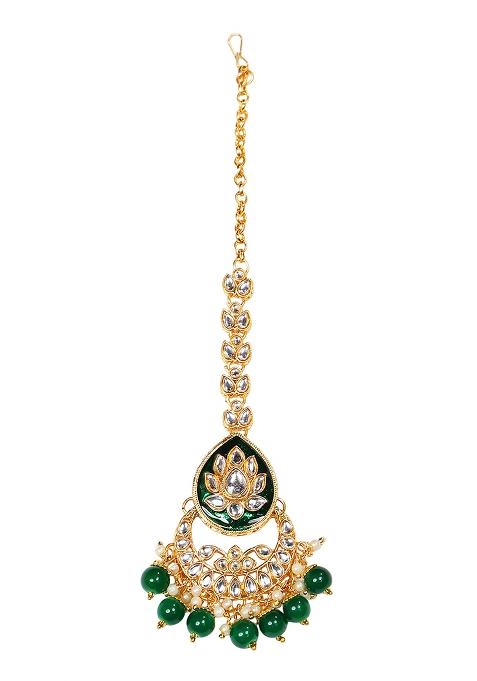 Green Meenakari Dazzling Stones Beads Bridal Choker Necklace Earring And Maangtikka Set For Women