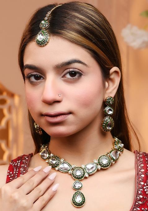 Gold Plated Traditional Stunning White Kundan Studded Layered Pearl Jewellery Set For Women/Girls