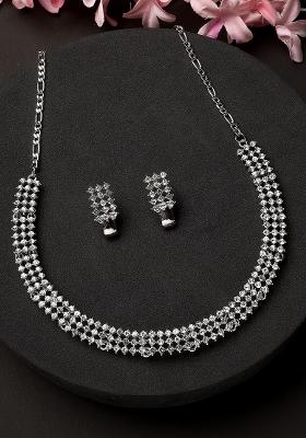 Silver Plated Cubic Zirconia Party Bling Necklace And Earring Set For Women