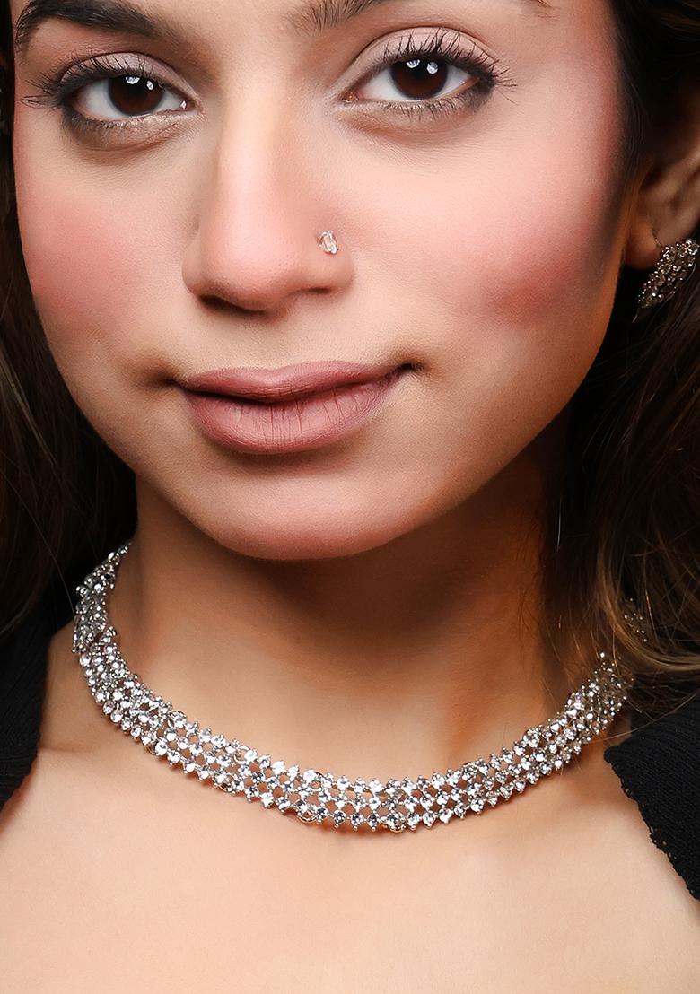 Silver Plated Cubic Zirconia Party Bling Necklace And Earring Set For Women