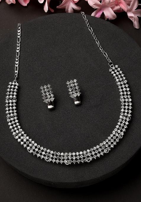 Silver Plated Cubic Zirconia Party Bling Necklace And Earring Set For Women
