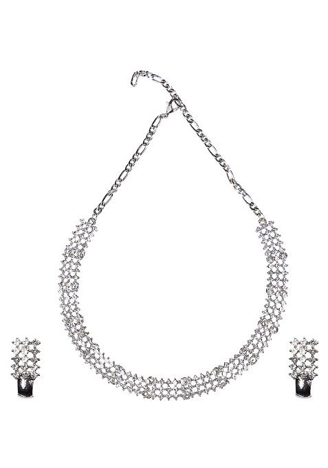 Silver Plated Cubic Zirconia Party Bling Necklace And Earring Set For Women