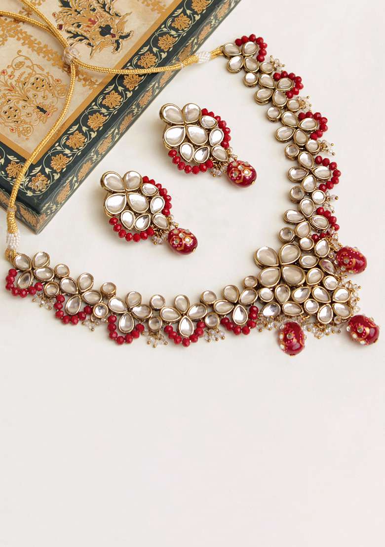 Red Crescent Kundan Necklace Set - Indya