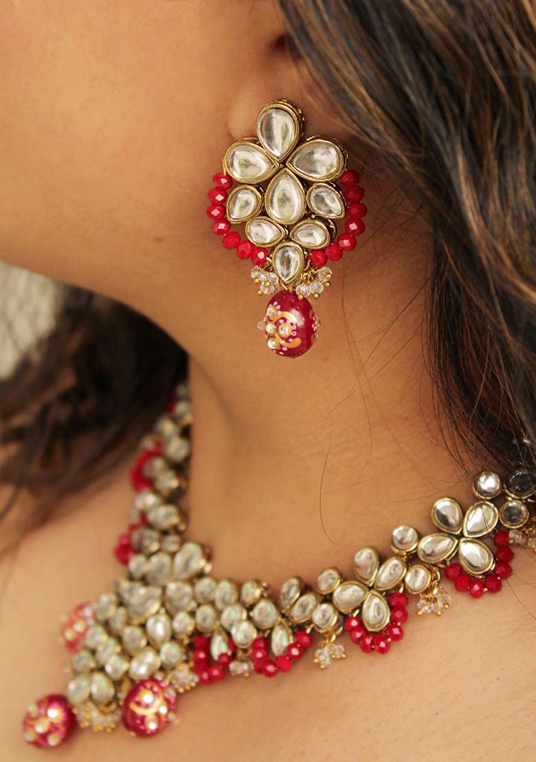 Red Crescent Kundan Necklace Set - Indya