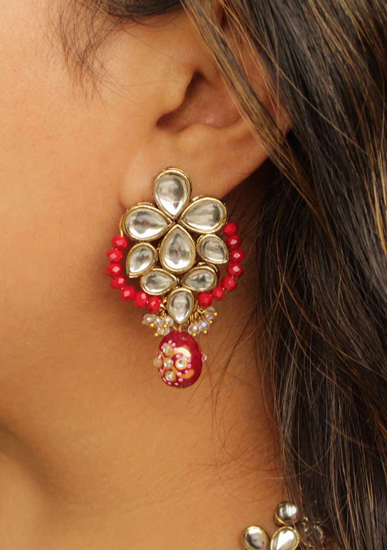 Red Crescent Kundan Necklace Set - Indya