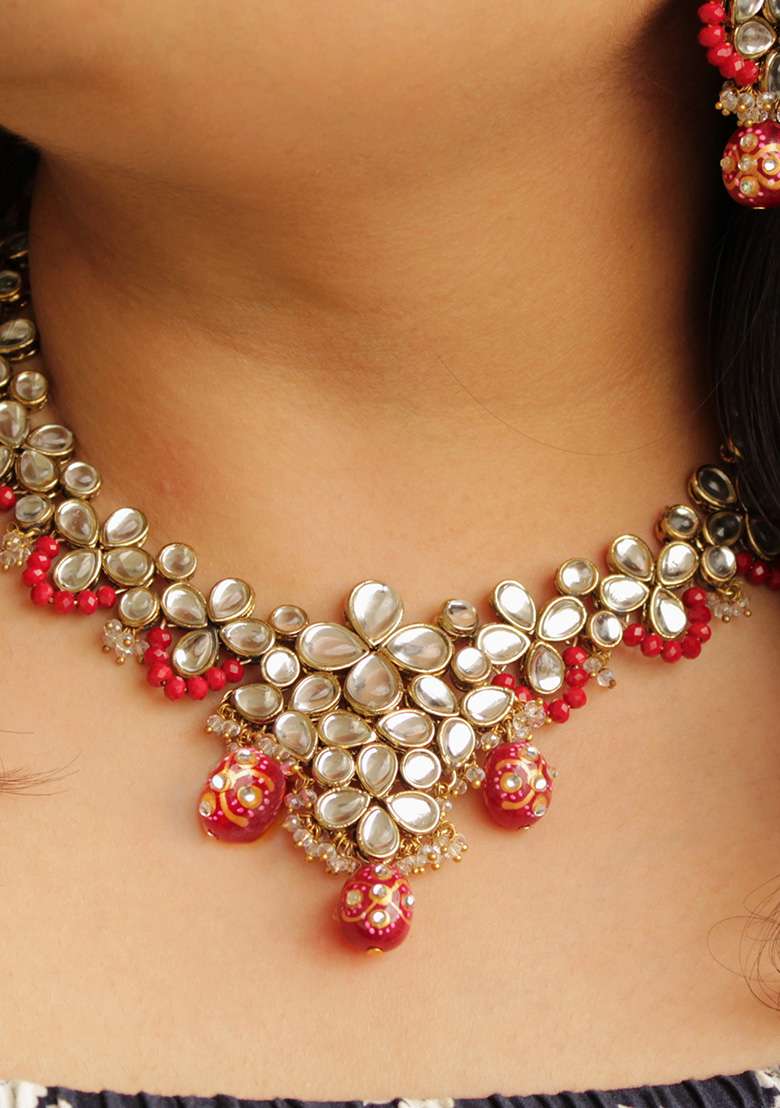 Red Crescent Kundan Necklace Set - Indya