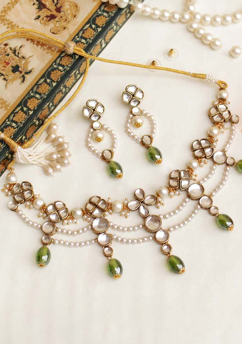 Semi Precious Beads And Kundan Necklace Set - Indya