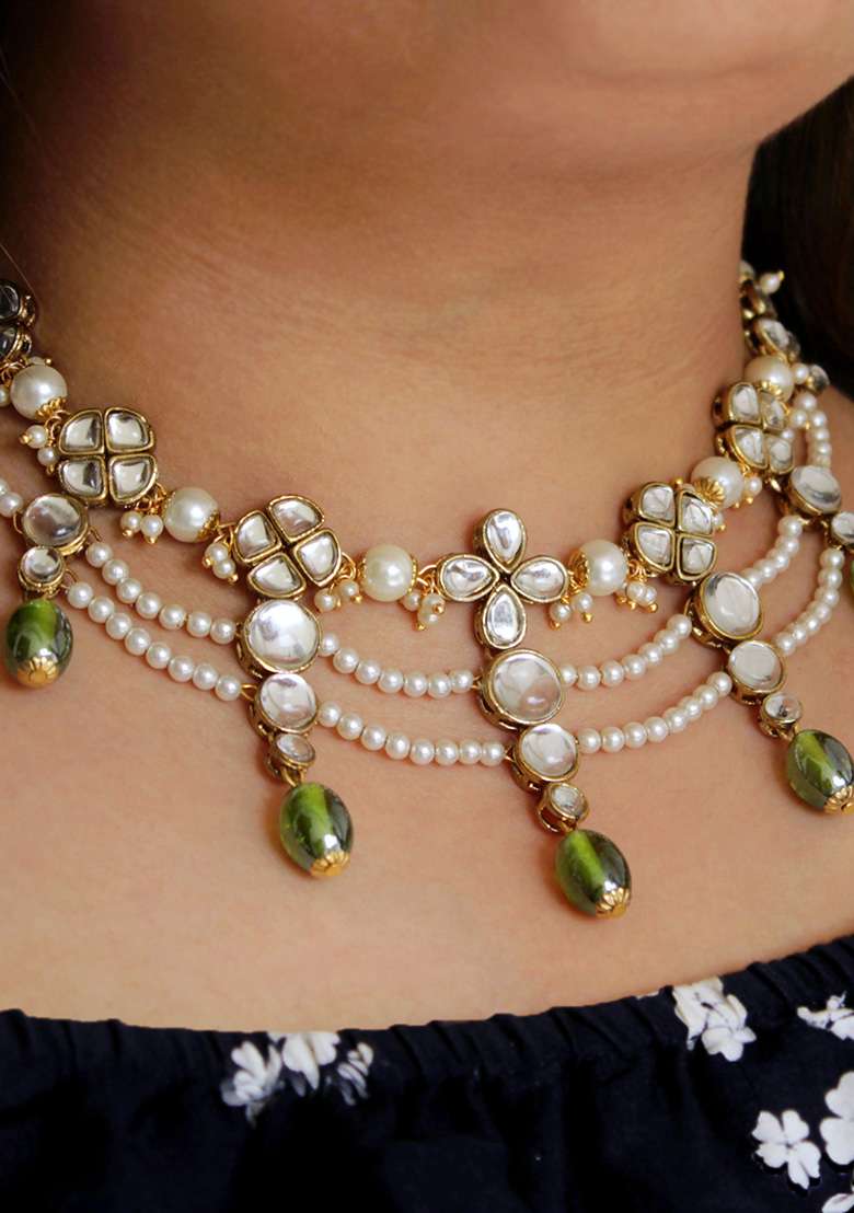 Semi Precious Beads And Kundan Necklace Set - Indya