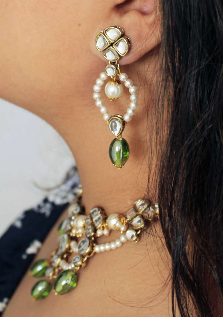 Semi Precious Beads And Kundan Necklace Set - Indya