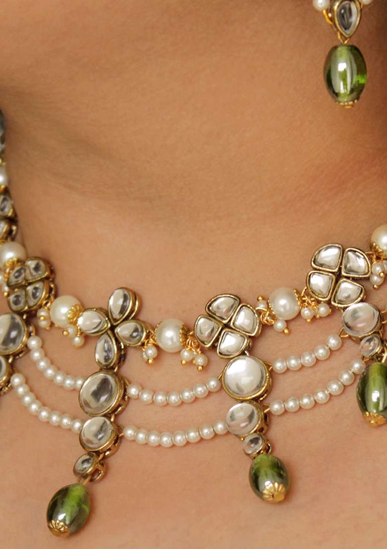 Semi Precious Beads And Kundan Necklace Set - Indya