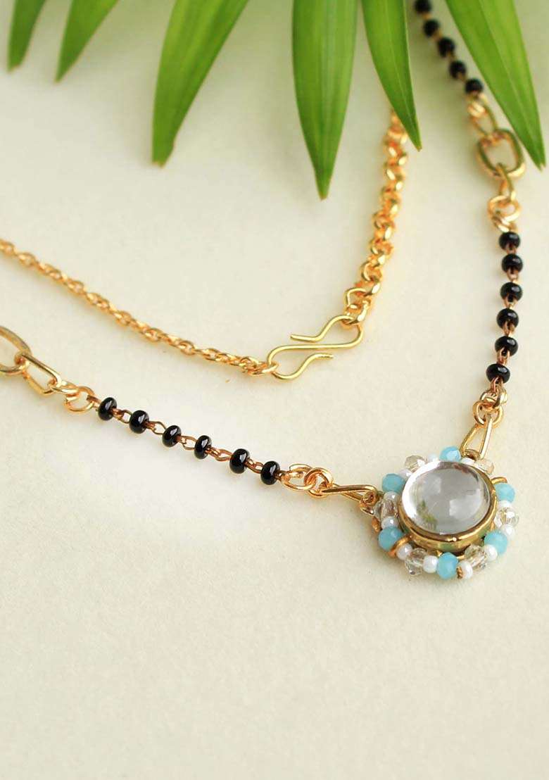 Kundan Drop Blue Beads Mangalsutra Necklace - Indya