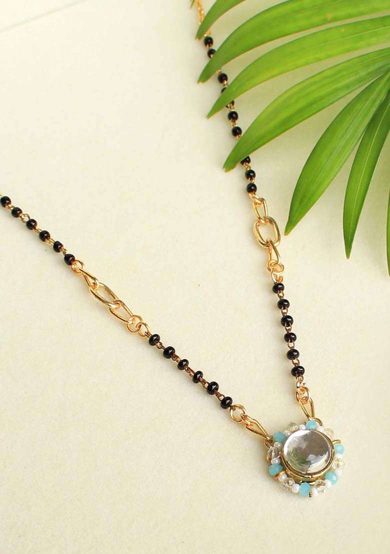 Kundan Drop Blue Beads Mangalsutra Necklace - Indya