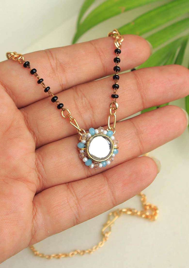 Kundan Drop Blue Beads Mangalsutra Necklace - Indya