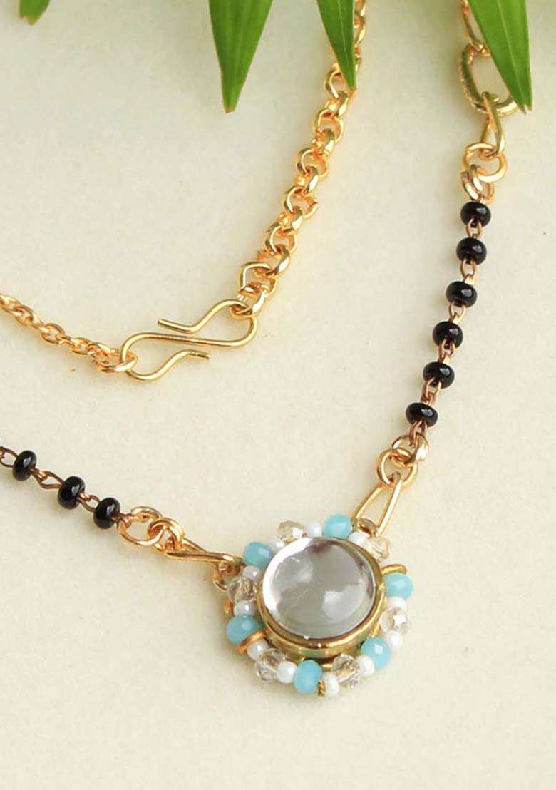 Kundan Drop Blue Beads Mangalsutra Necklace - Indya