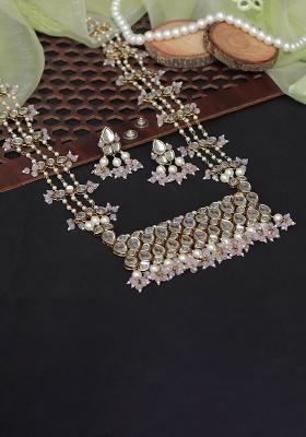 Pastel Pink Beads Kundan Necklace Set