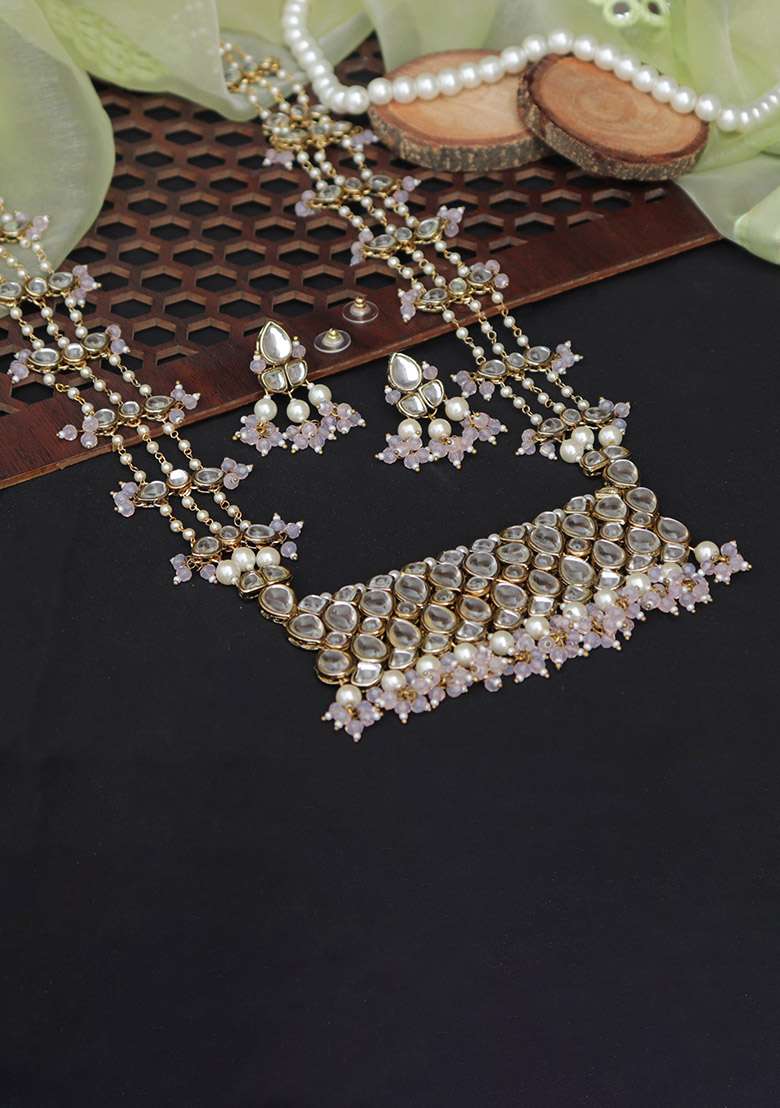 Pastel Pink Beads Kundan Necklace Set - Indya