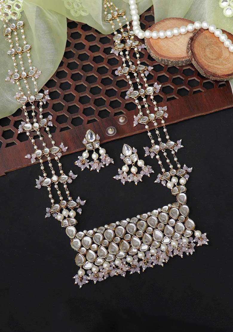 Pastel Pink Beads Kundan Necklace Set - Indya