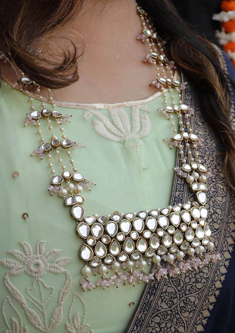 Pastel Pink Beads Kundan Necklace Set - Indya