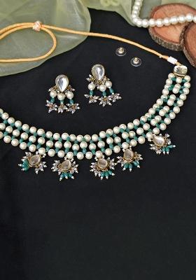 Pearl And Dangling Kundan Necklace Set (Green)