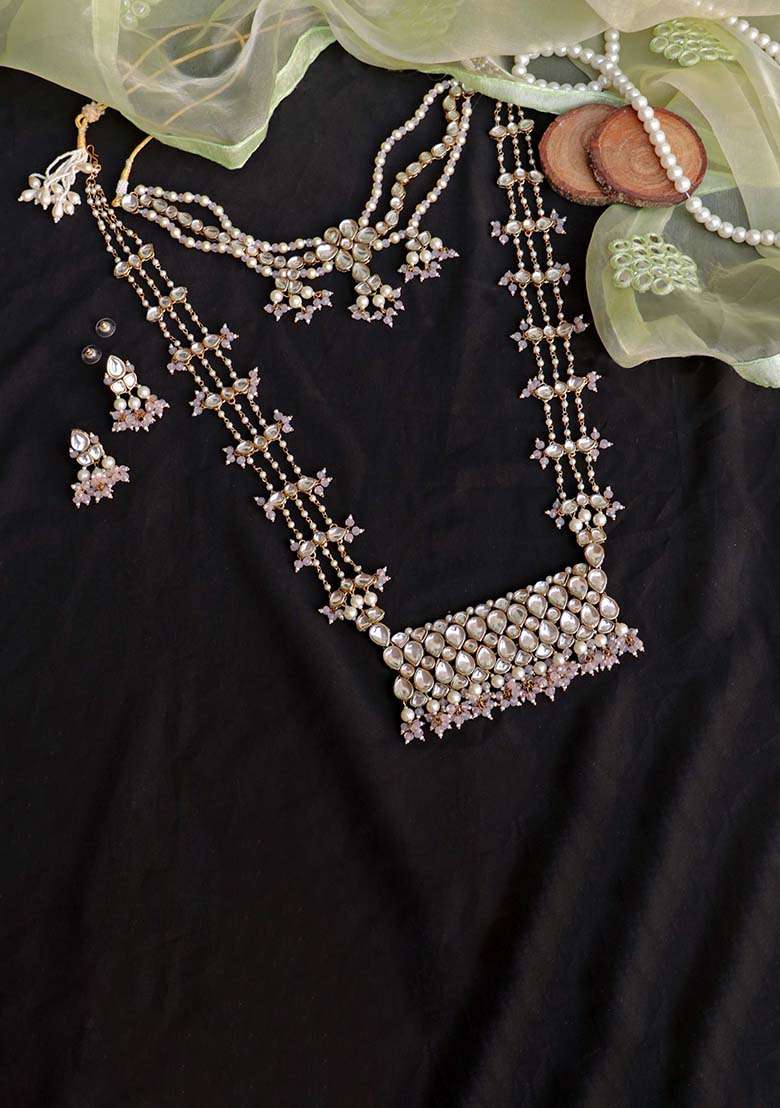 Pastel Pink Beads With Kundan Necklace Set - Indya