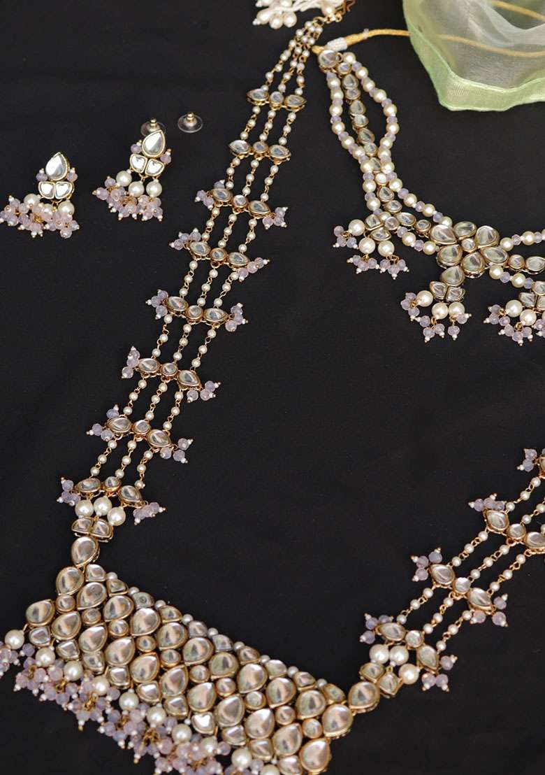 Pastel Pink Beads With Kundan Necklace Set - Indya