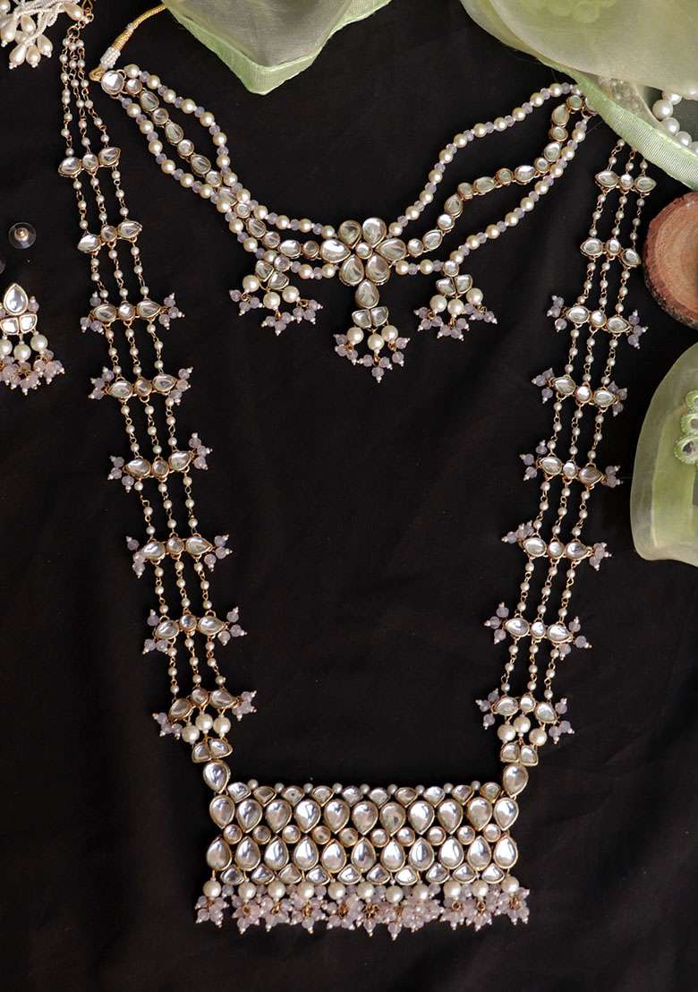 Pastel Pink Beads With Kundan Necklace Set - Indya
