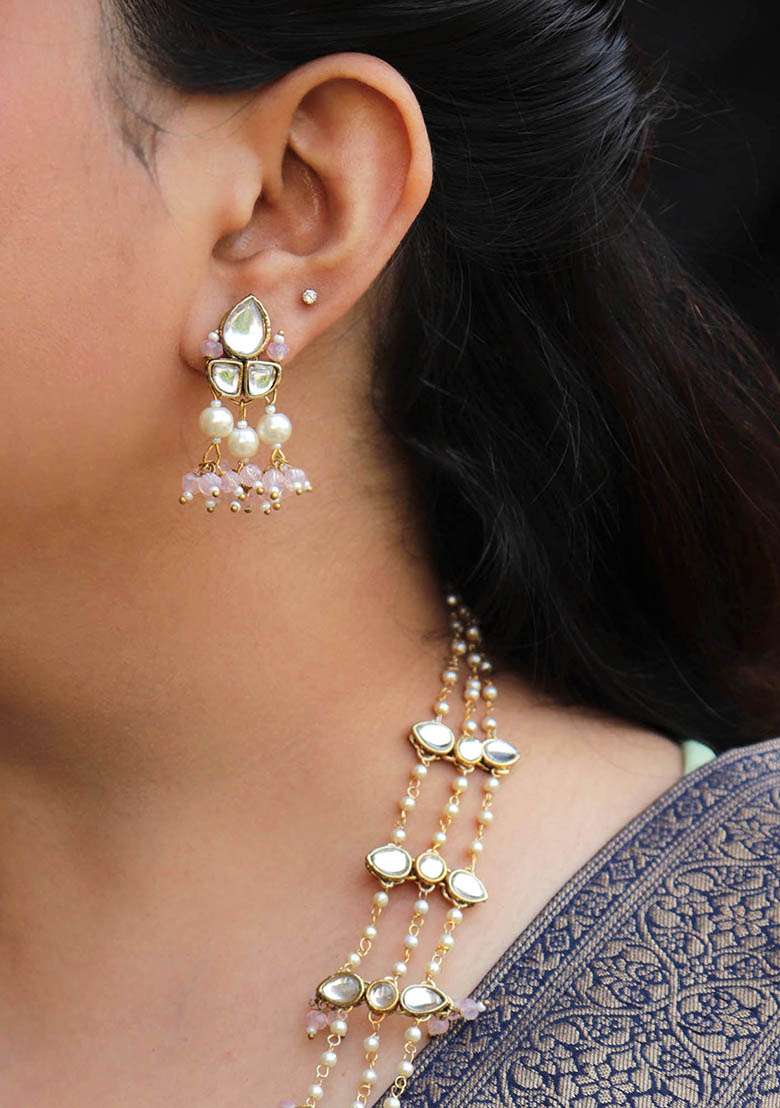 Pastel Pink Beads With Kundan Necklace Set - Indya