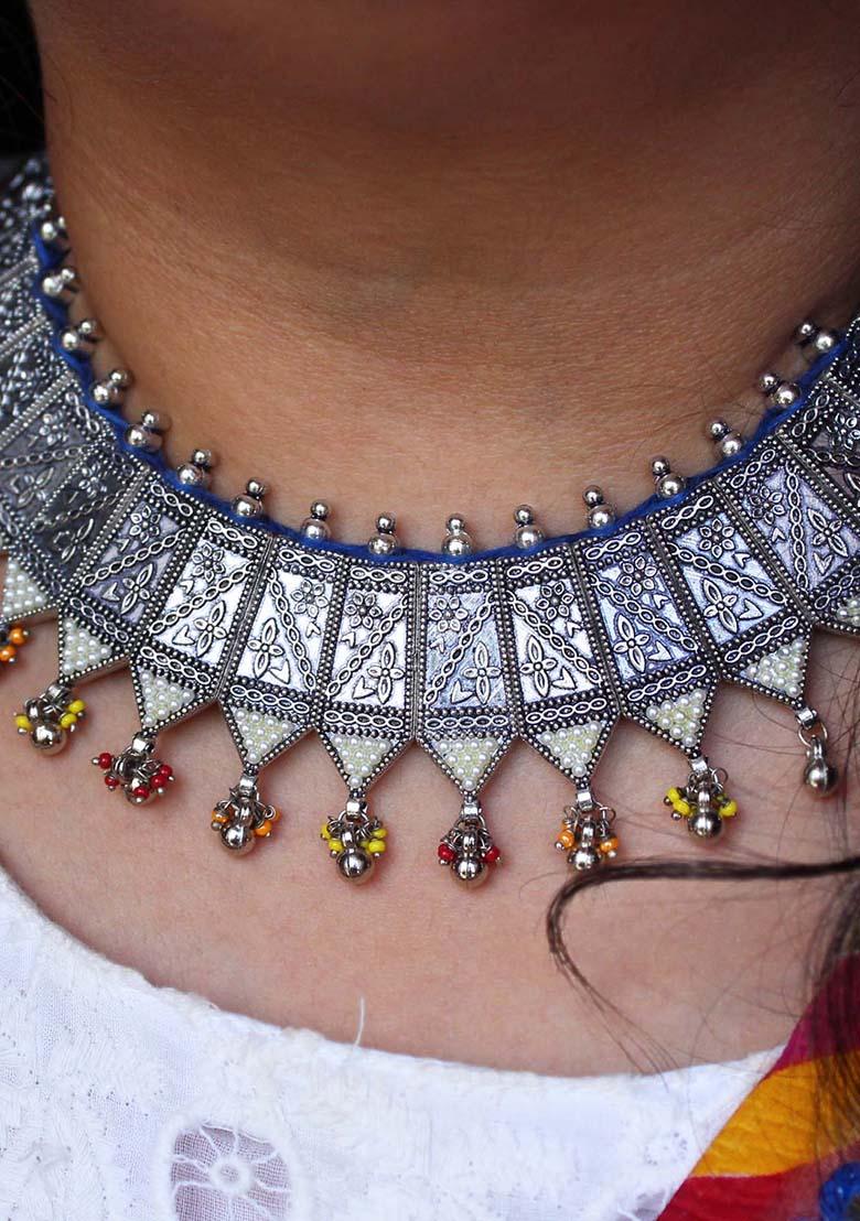 Oxidized Pearl Studded Statement Necklace - Indya