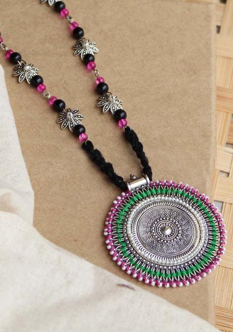 Oxidized Silver Pink And Green Long Haar