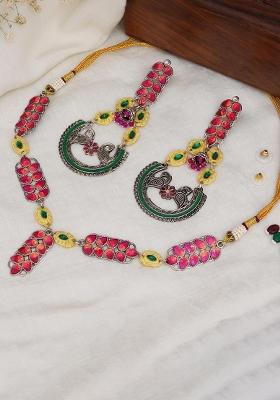 Bold Red And Green Meenakari Necklace With Peacock Motif Earrings