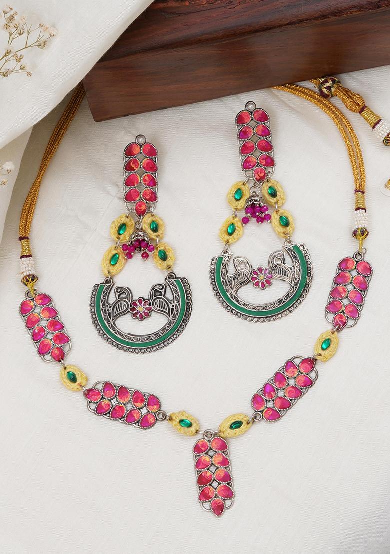 Bold Red And Green Meenakari Necklace With Peacock Motif Earrings - Indya