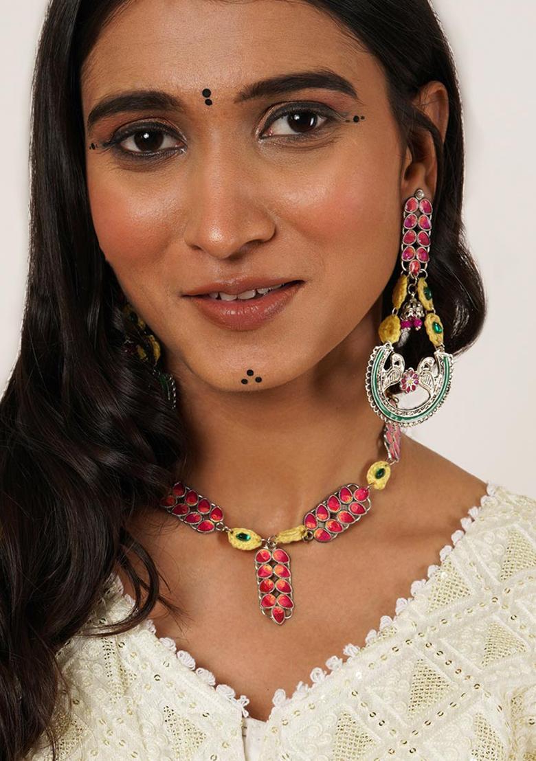 Bold Red And Green Meenakari Necklace With Peacock Motif Earrings - Indya