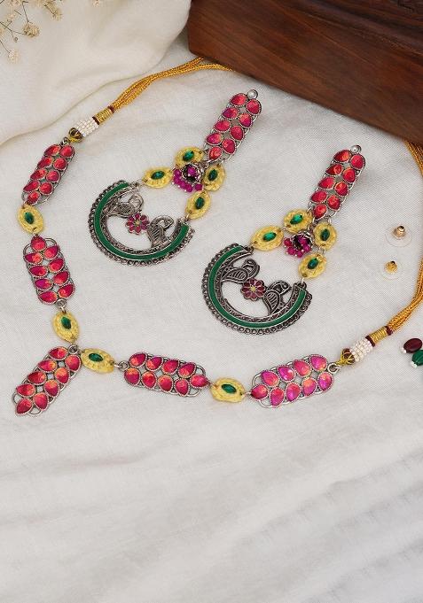 Bold Red And Green Meenakari Necklace With Peacock Motif Earrings